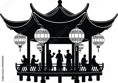 Black silhouette of traditional oriental pagoda pavilion with Chinese lanterns and people drinking tea for Asian culture heritage tourism and travel concept design.