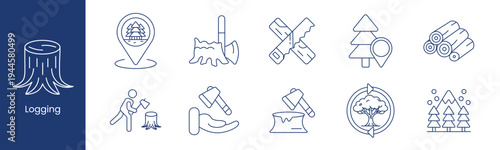Logging set icon. Collection with tree stump, forest location, axe in trunk, crossed saws, pine marker, log stack, lumberjack cutting, hand axe, split stump, recycle tree, snowy forest.