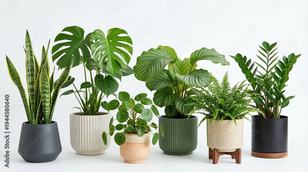 Fototapeta premium Collection of healthy houseplants in modern pots a variety of green foliage for home decor and interior design isolated on a white background