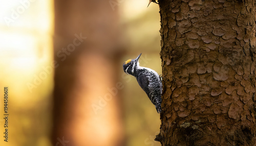 Three toed woodpecker Picoides tridactylus on a tree looking for food in sunset and sunrise.