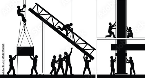 Set of construction worker silhouettes flat vector illustrations building infrastructure using cranes trusses and scaffolding for industrial architecture engineering projects and site safety concepts