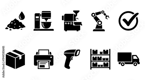 A collection of black and white icons representing various aspects of logistics and industry, including manufacturing, shipping, and quality control, on a clean white background.