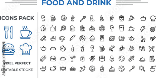 Food & Drink Icons — Culinary, Restaurant, Coffee, Beverage, Meal, Cooking, Grocery, Healthy Eating, Editable Stroke Vector Icons for Designers