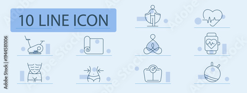 Health fitness set icon. Exercise bike, yoga mat, meditation pose, heart pulse, smartwatch, body shape, waist measurement, scale, diet control, wellness lifestyle.