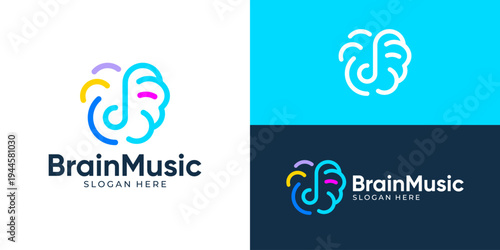 Creative modern brain music logo template. Abstract brain with key note music for mental health logo design vector illustration.