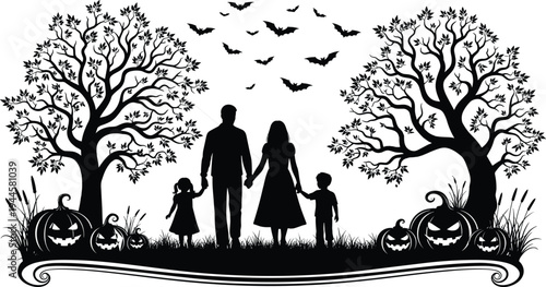 Black silhouette of a family with children walking through a spooky forest with jack o lanterns and flying bats for Halloween holiday celebration concept