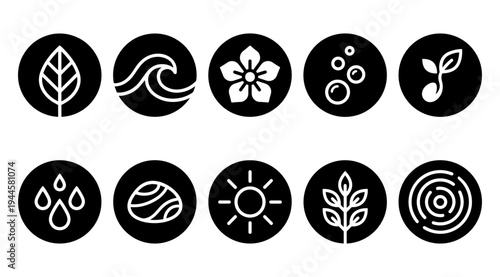 A set of eco friendly icons featuring various environmental symbols, including leaves, water droplets, sun, and flower, in white on a black background, conveying a sense of nature and sustainability.