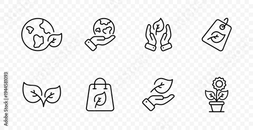 Ecology sustainability set icon. Planet leaf, global care, eco hands, organic label, green growth, reusable bag, natural support, home plant