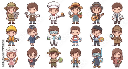 Large set of cute chibi characters in various professional occupations, kawaii boys and girls as doctor, chef, scientist, artist, and pilot, career mascot collection