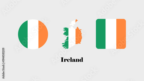 Ireland flag set. Ireland flag vector on circle, map, and simple. Set of Ireland flag on gray background