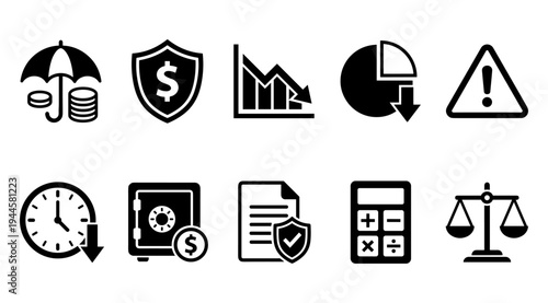 A collection of black and white icons representing financial concepts, including money, security, time, and calculation, on a clean white background, ideal for business and finance related projects.