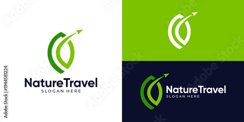 Creative simple nature travel logo template. Abstract leaf with air plane logo design vector illustration.