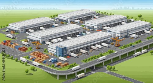 Modern Logistics Warehouse Complex with Trucks and Shipping Containers