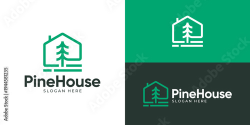 Creative simple pine house logo template. Pine tree with home house cottage logo design vector illustration.