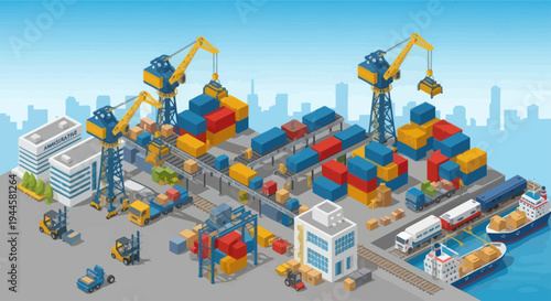 Isometric Container Port with Cranes, Ships, Trucks, and Cargo