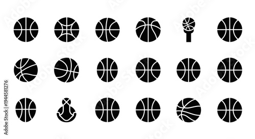 Collection of various black basketball icons and symbols on a white background