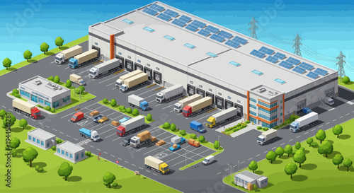 Isometric warehouse with trucks, solar panels, and vehicles. Logistics and distribution center.