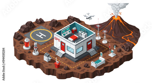 Volcano Research Base: Drone, Helipad, Medical Bay, Isometric Illustration