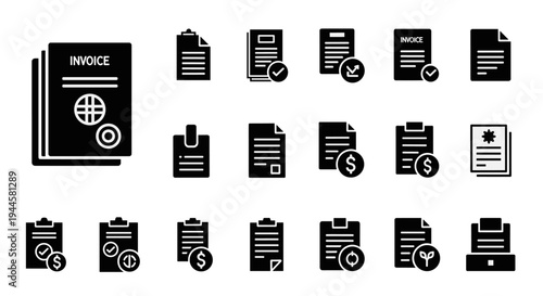 Collection of black invoice and document icons with financial and approval symbols