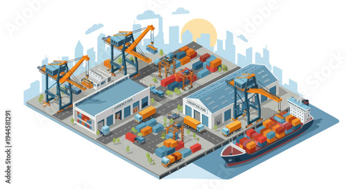 Isometric shipping port with cranes, containers, trucks, and cargo ship.
