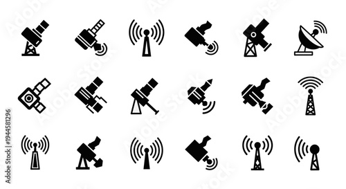 Collection of satellite and communication tower icons for technology and broadcasting themes