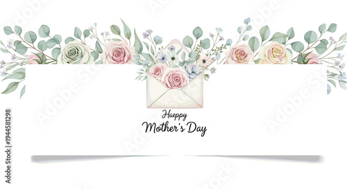 Elegant floral border with envelope and Happy Mother's Day text on white background