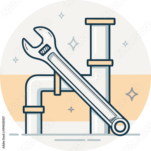 **Adobe Stock Description:**

Simple plumbing repair vector illustration featuring a pipe wrench tool and water pipes, representing plumbing maintenance, pipe fixing, and household repair service in a
