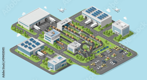 Modern logistics hub with automated delivery drones, trucks, and solar panels