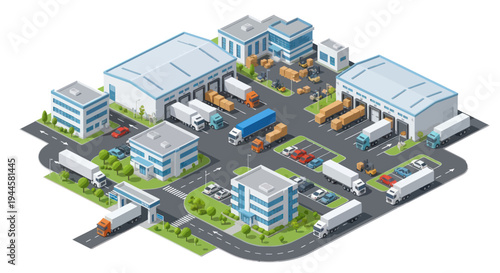 Isometric logistics hub with trucks, warehouses, and forklifts