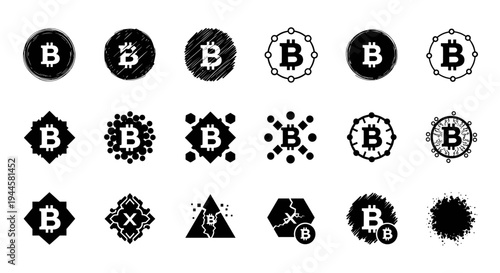 Collection of Bitcoin cryptocurrency logos and icons in various modern and abstract designs