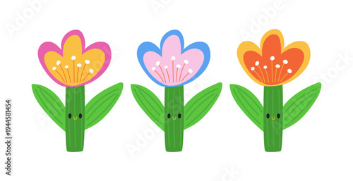 Flat vector illustration of three stylized smiling flowers with colorful blossoms and green leaves.
