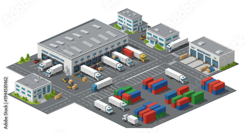 Isometric logistics hub with trucks, warehouses, shipping containers, and cargo.