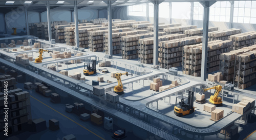 Automated Warehouse Interior with Robotics, Forklifts, and Conveyor Belts
