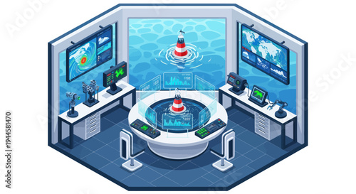 High-Tech Control Room Monitoring Maritime Operations and Oceanographic Data