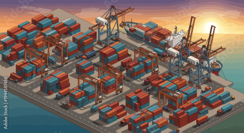Pixel Art Cargo Port at Sunset with Cranes and Shipping Containers