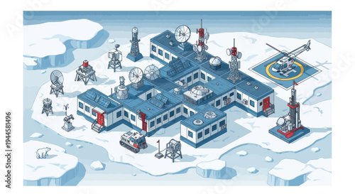 Arctic Research Station with Communication Towers and Vehicles, Isometric View