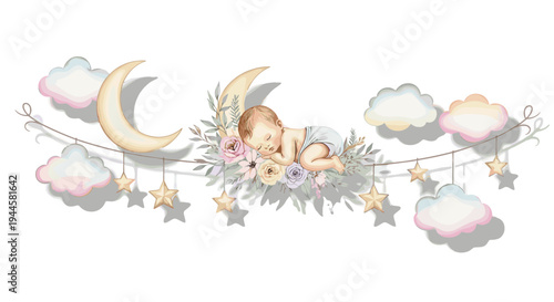 Sweet baby sleeping peacefully on a crescent moon surrounded by flowers and stars