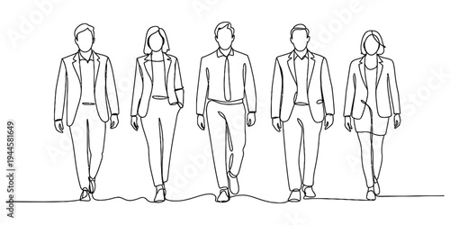 Continuous line drawing of a group of business professionals walking forward together in suits