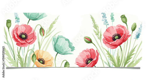 Delicate watercolor poppies and lavender flowers in a meadow setting