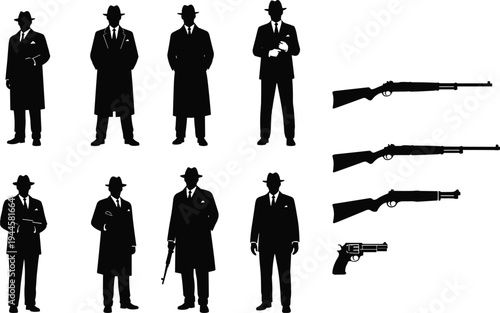 Vintage mafia mobster silhouettes in classic suits and fedora hats with various retro firearms, guns, and rifles isolated on white.