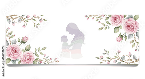 Mother and baby silhouette surrounded by delicate pink roses and green leaves