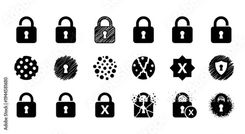 Collection of lock and security icons with various styles and effects for digital protection concepts