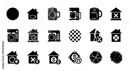 Collection of black icons representing household appliances, real estate, and abstract shapes