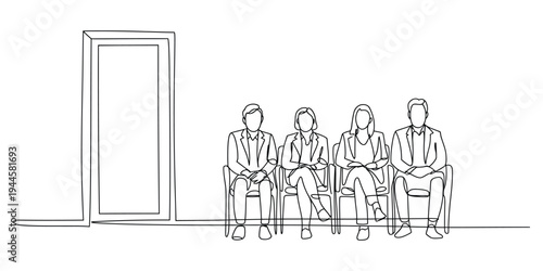 Minimalist One Line Drawing of Candidates Waiting for a Job Interview