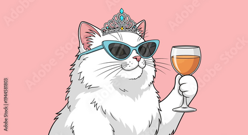 Feline Fiesta A Glamorous White Cat Adorned with a Tiara and Sunglasses, Toasting with a Glass of Amber Liquid