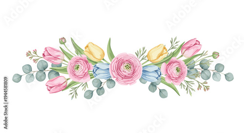 Delicate floral arrangement with pink tulips, ranunculus, and eucalyptus leaves