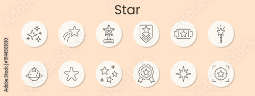 Star set icon. Sparkles, shooting star, trophy, rank badge, ticket, magic wand, planet ring, shape, rating cluster, award medal, burst, favorite mark, celebration symbol