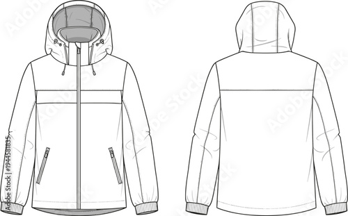Unisex Hooded Windbreaker Jacket Fashion Flat Sketch, Outdoor Sportswear Technical Drawing, Front and Back View CAD Template, Technical Vector Illustration,