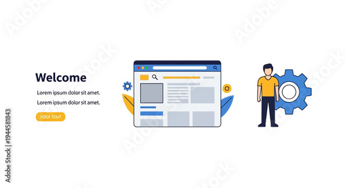 Modern flat design concept illustration showcasing website development, user interface setup, and system configuration with a browser and a person