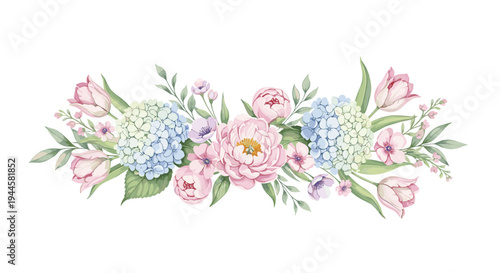 Delicate watercolor floral arrangement with pink peonies, blue hydrangeas, and tulips
